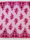 3D Floral Rhinestone Fabric - Magenta - Beaded Flower Clusters with Rhinestones and Sequins By Yard