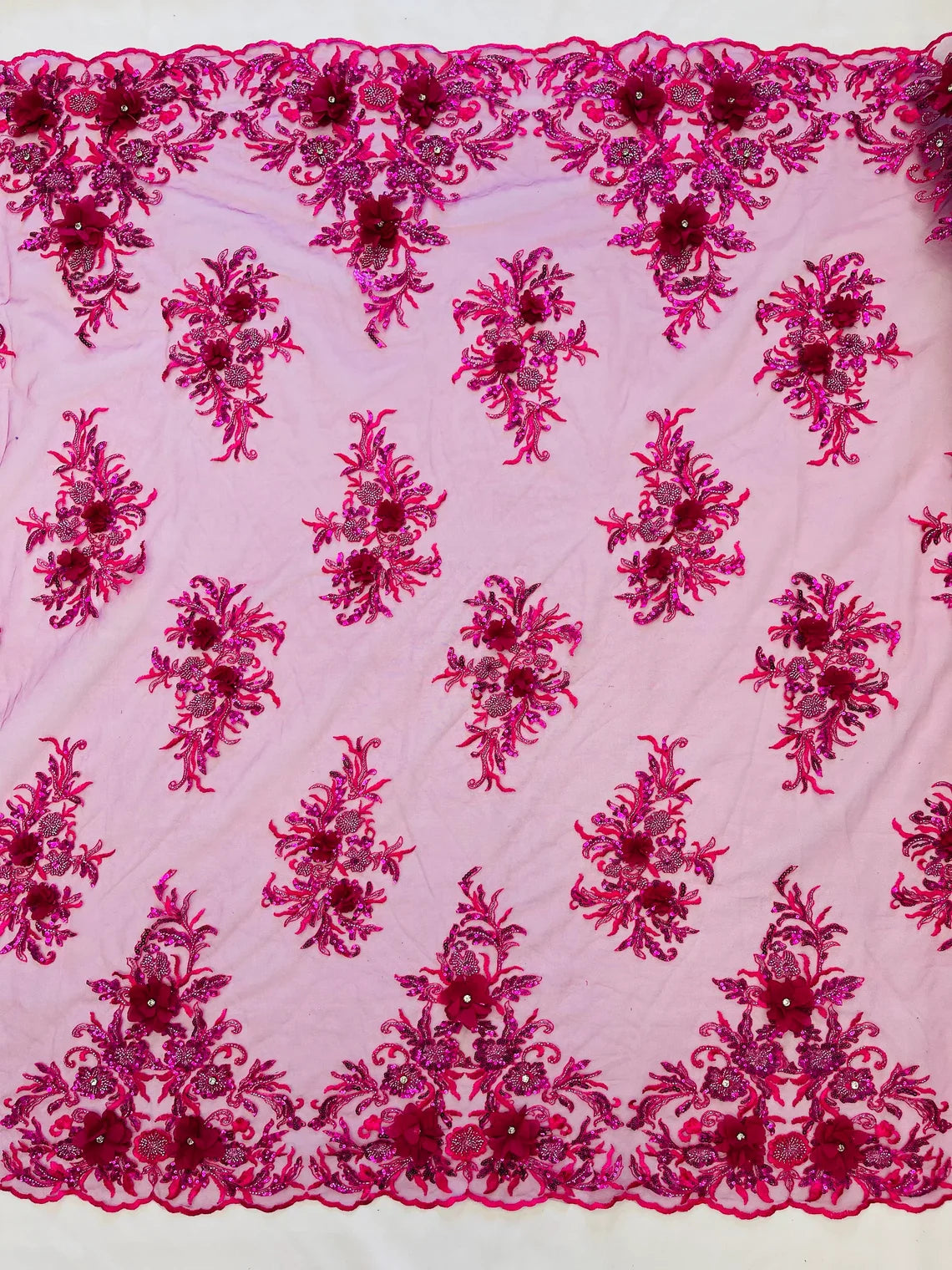 3D Floral Rhinestone Fabric - Magenta - Beaded Flower Clusters with Rhinestones and Sequins By Yard