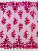 3D Floral Rhinestone Fabric - Magenta - Beaded Flower Clusters with Rhinestones and Sequins By Yard