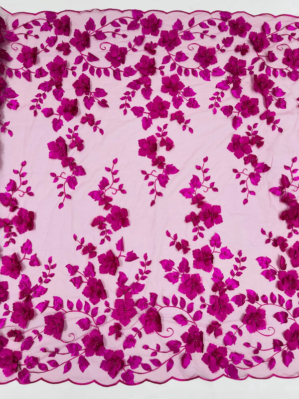 3D Floral Pearl Fabric - Magenta - Embroidered Floral Pearl Fabric Double Border On Mesh By Yard