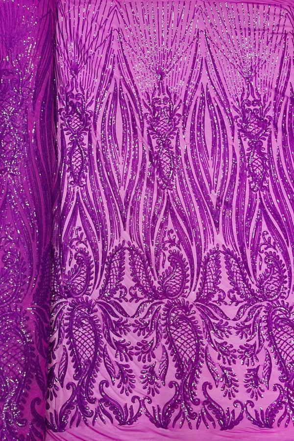 Paisley Sequin Fabric - Magenta - Line Pattern 4 Way Stretch Elegant Fabric By The Yard