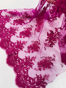 Floral Damask Lace Fabric - Magenta - Embroidered Damask Flowers on Lace Fabric By Yard