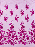 3D Floral Pearl Fabric - Magenta - Embroidered Floral Pearl Fabric Single Border On Mesh By Yard