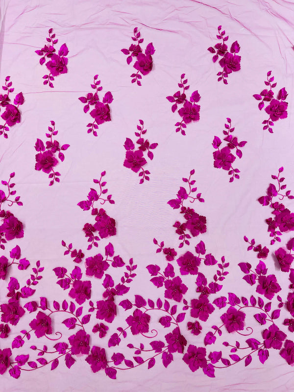 3D Floral Pearl Fabric - Magenta - Embroidered Floral Pearl Fabric Single Border On Mesh By Yard