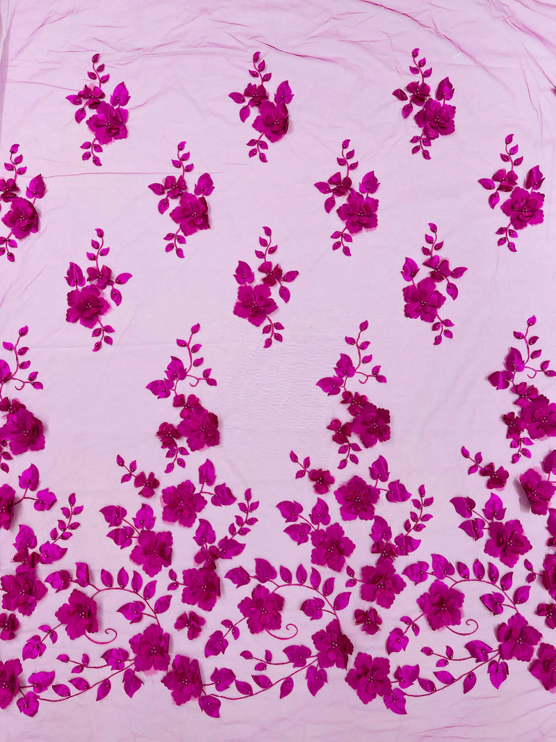3D Floral Pearl Fabric - Magenta - Embroidered Floral Pearl Fabric Single Border On Mesh By Yard