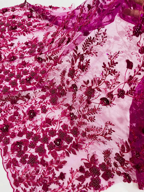 3D Flower Rhinestone Design - Magenta - Embroidered Flower Sequins Lace Fabric By Yard