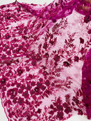 3D Flower Rhinestone Design - Magenta - Embroidered Flower Sequins Lace Fabric By Yard