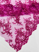 Floral Plant Lace Fabric - Magenta - Embroidery Flower Small Leaf Design Lace Fabric Sold By Yard