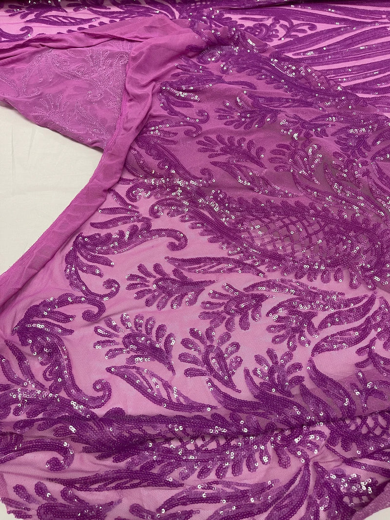 Paisley Sequin Fabric - Magenta - Line Pattern 4 Way Stretch Elegant Fabric By The Yard