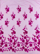 3D Floral Pearl Fabric - Magenta - Embroidered Floral Pearl Fabric Single Border On Mesh By Yard