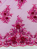 3D Floral Rhinestone Fabric - Magenta - Beaded Flower Clusters with Rhinestones and Sequins By Yard