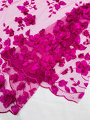3D Floral Pearl Fabric - Magenta - Embroidered Floral Pearl Fabric Double Border On Mesh By Yard