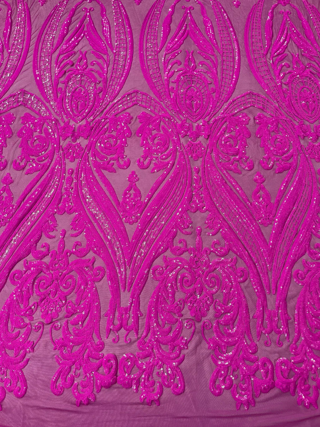 Big Damask Sequins Fabric - Magenta - 4 Way Stretch Damask Sequins Design Fabric By Yard