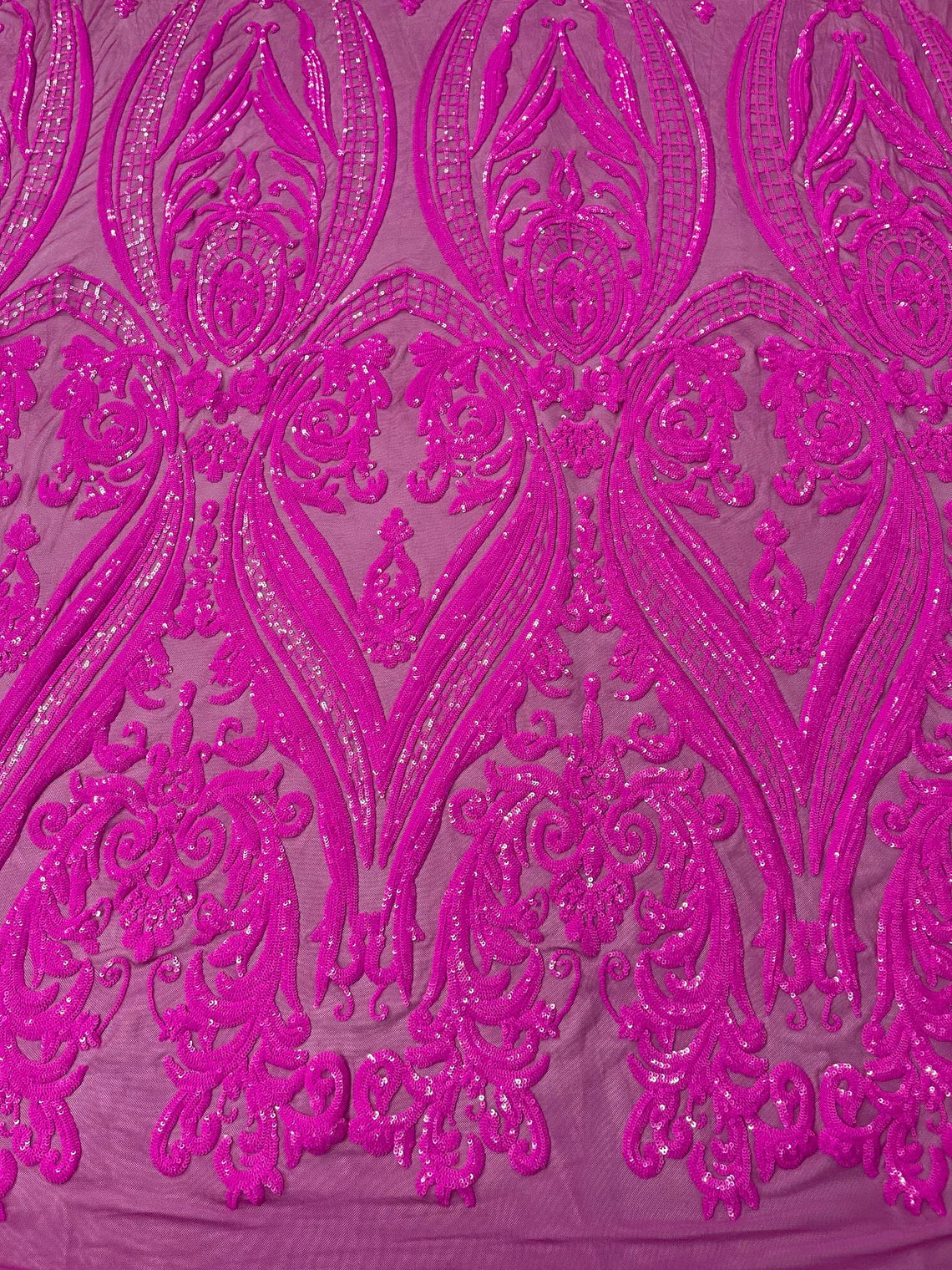 Big Damask Sequins Fabric - Magenta - 4 Way Stretch Damask Sequins Design Fabric By Yard