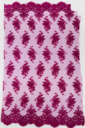 Floral Damask Lace Fabric - Magenta - Embroidered Damask Flowers on Lace Fabric By Yard