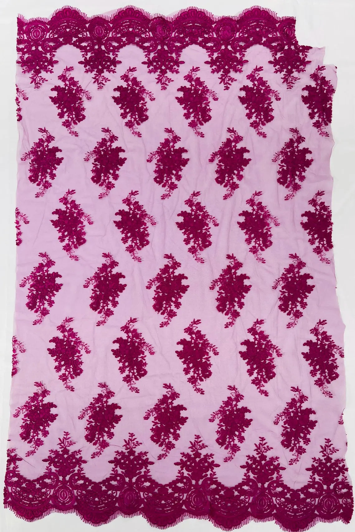 Floral Damask Lace Fabric - Magenta - Embroidered Damask Flowers on Lace Fabric By Yard