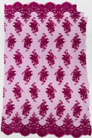 Floral Damask Lace Fabric - Magenta - Embroidered Damask Flowers on Lace Fabric By Yard