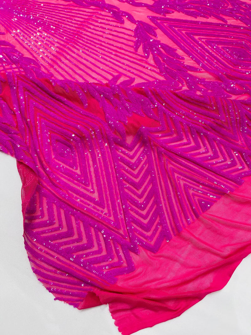 Triangle Sequin Fabric - Magenta - Geometric Designs Spandex Mesh By Yard