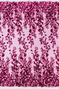 3D Flower Rhinestone Design - Magenta - Embroidered Flower Sequins Lace Fabric By Yard