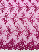 Floral Plant Lace Fabric - Magenta - Embroidery Flower Small Leaf Design Lace Fabric Sold By Yard