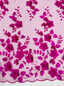 3D Floral Pearl Fabric - Magenta - Embroidered Floral Pearl Fabric Double Border On Mesh By Yard