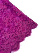 Floral Damask Lace Fabric - Magenta - Embroidered Damask Flowers on Lace Fabric By Yard