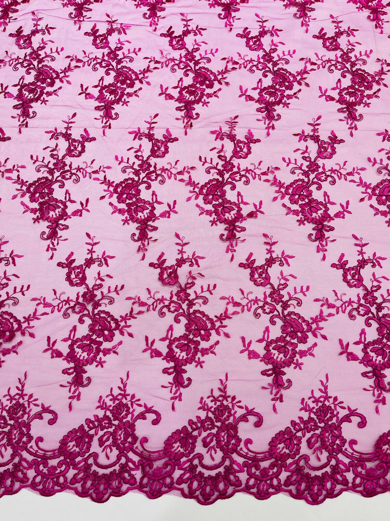 Floral Plant Lace Fabric - Magenta - Embroidery Flower Small Leaf Design Lace Fabric Sold By Yard