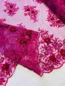 3D Floral Rhinestone Fabric - Magenta - Beaded Flower Clusters with Rhinestones and Sequins By Yard