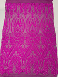 Big Damask Sequins Fabric - Magenta - 4 Way Stretch Damask Sequins Design Fabric By Yard