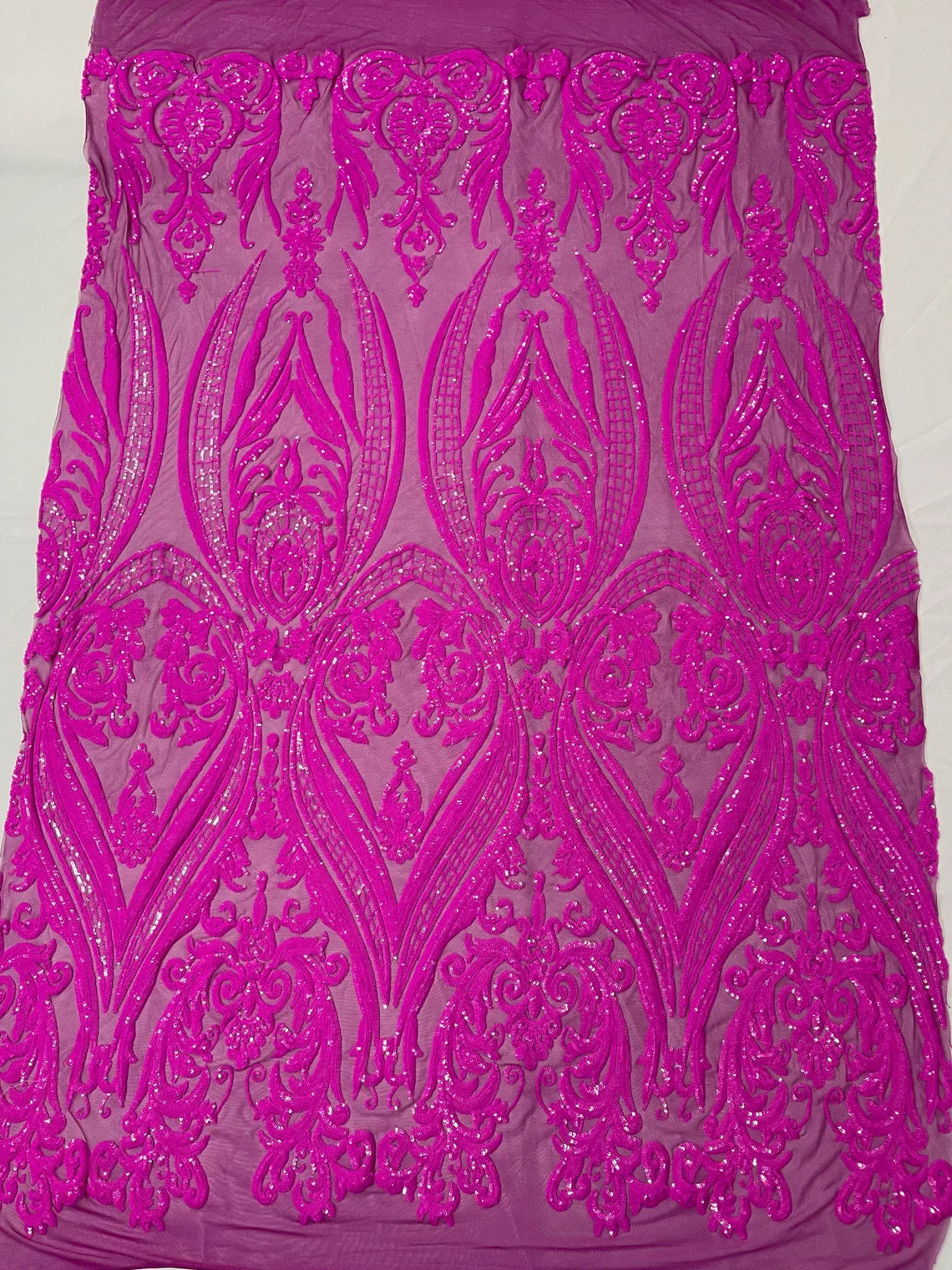 Big Damask Sequins Fabric - Magenta - 4 Way Stretch Damask Sequins Design Fabric By Yard