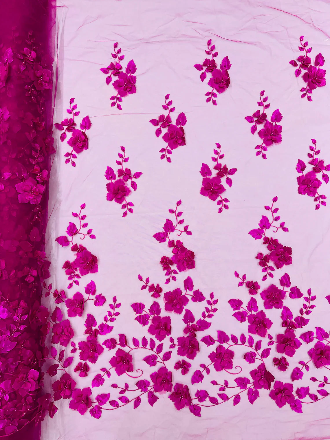 3D Floral Pearl Fabric - Magenta - Embroidered Floral Pearl Fabric Single Border On Mesh By Yard