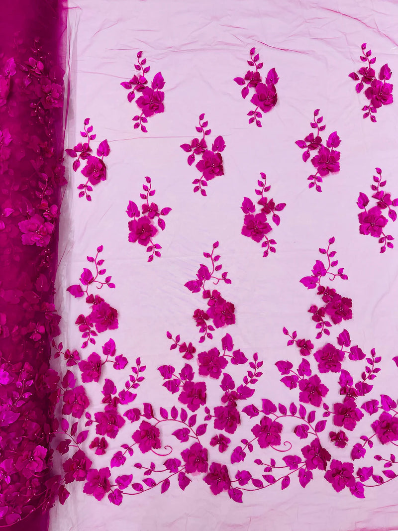 3D Floral Pearl Fabric - Magenta - Embroidered Floral Pearl Fabric Single Border On Mesh By Yard
