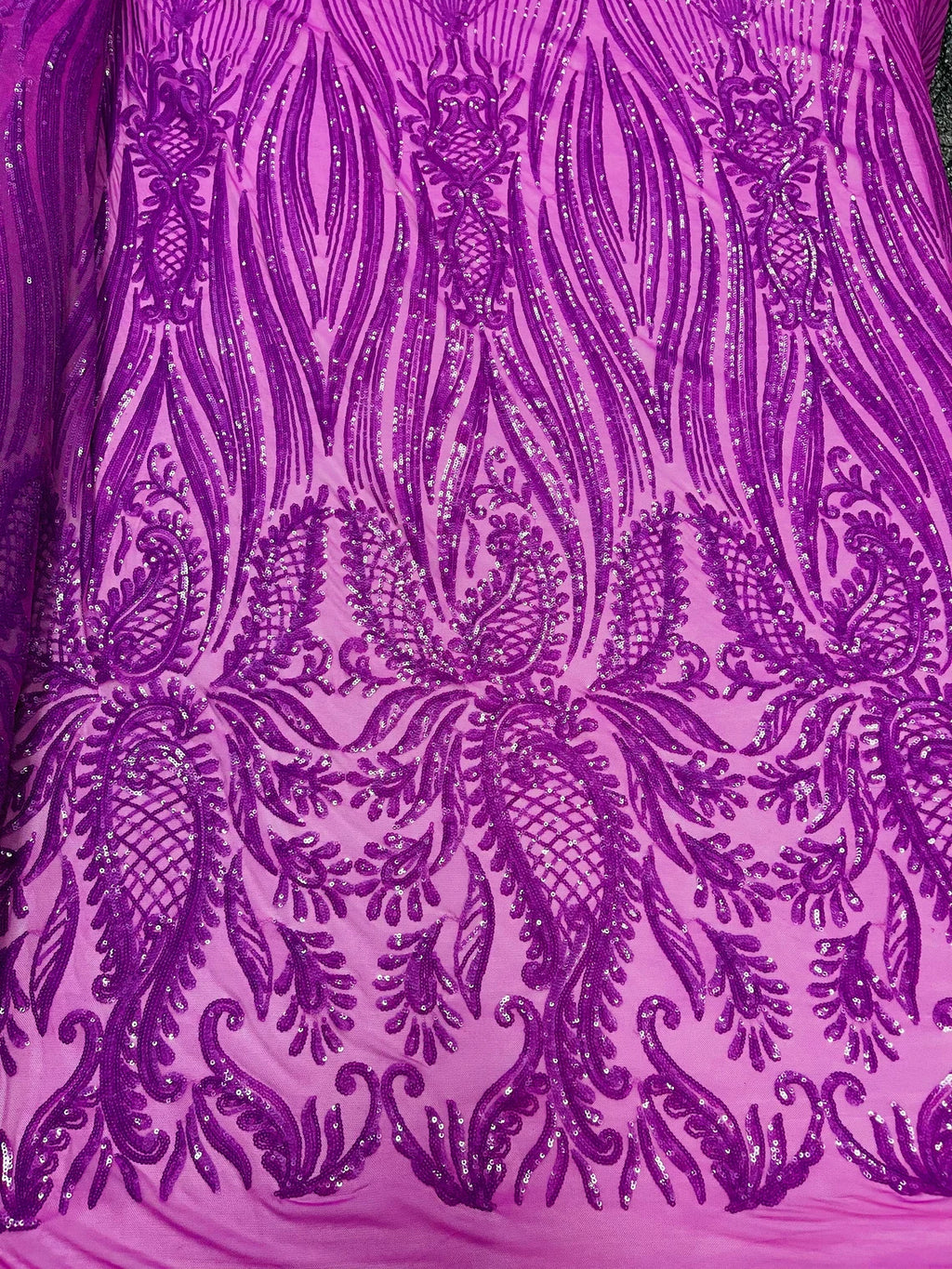 Paisley Sequin Fabric - Red - Line Pattern 4 Way Stretch Elegant Fabri