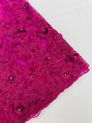 3D Flower Rhinestone Design - Magenta - Embroidered Flower Sequins Lace Fabric By Yard