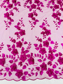 3D Floral Pearl Fabric - Magenta - Embroidered Floral Pearl Fabric Double Border On Mesh By Yard