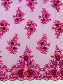 3D Floral Rhinestone Fabric - Magenta - Beaded Flower Clusters with Rhinestones and Sequins By Yard