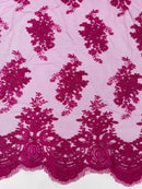 Floral Damask Lace Fabric - Magenta - Embroidered Damask Flowers on Lace Fabric By Yard