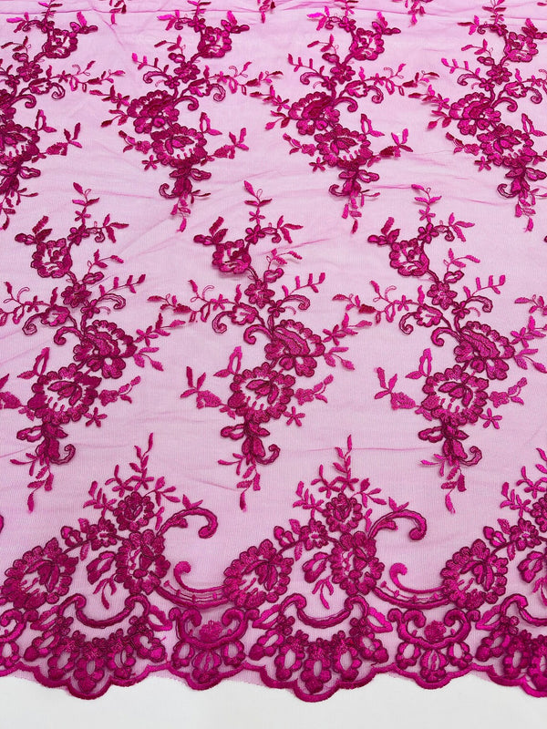 Floral Plant Lace Fabric - Magenta - Embroidery Flower Small Leaf Design Lace Fabric Sold By Yard