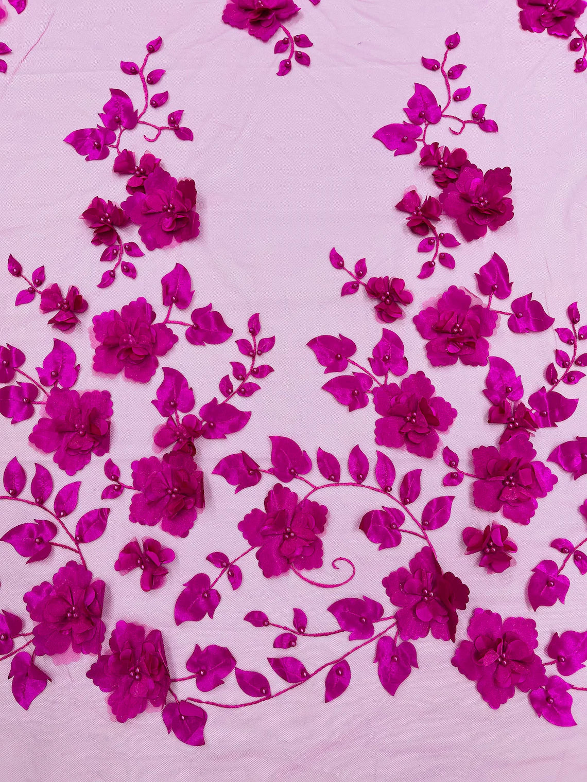 3D Floral Pearl Fabric - Magenta - Embroidered Floral Pearl Fabric Single Border On Mesh By Yard