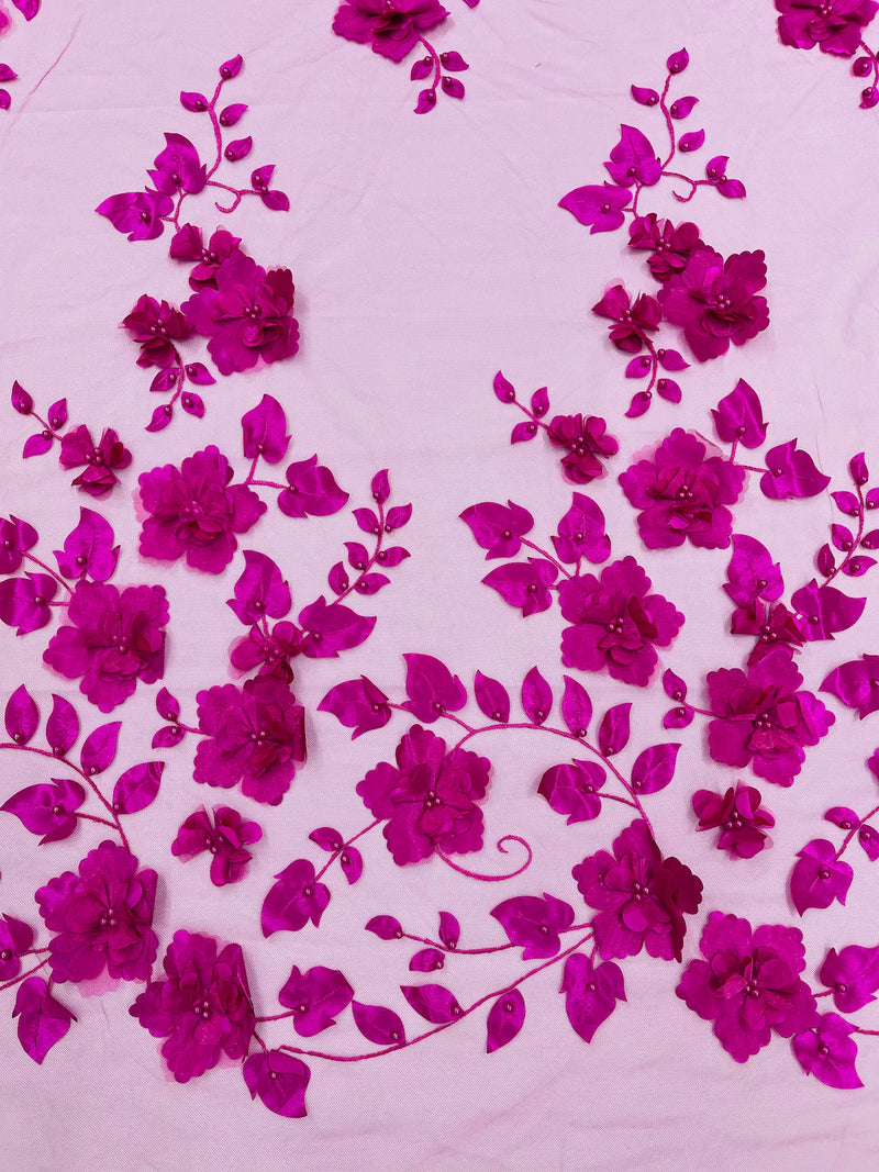 3D Floral Pearl Fabric - Magenta - Embroidered Floral Pearl Fabric Single Border On Mesh By Yard