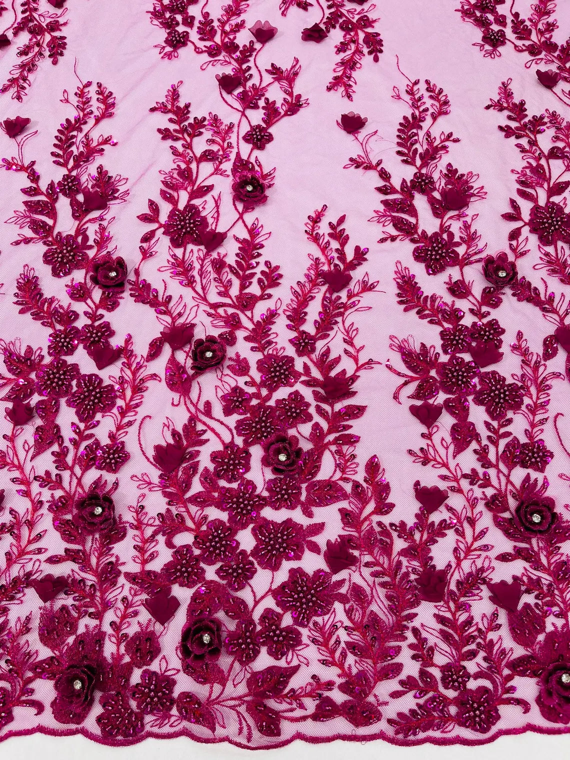 3D Flower Rhinestone Design - Magenta - Embroidered Flower Sequins Lace Fabric By Yard