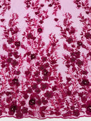 3D Flower Rhinestone Design - Magenta - Embroidered Flower Sequins Lace Fabric By Yard