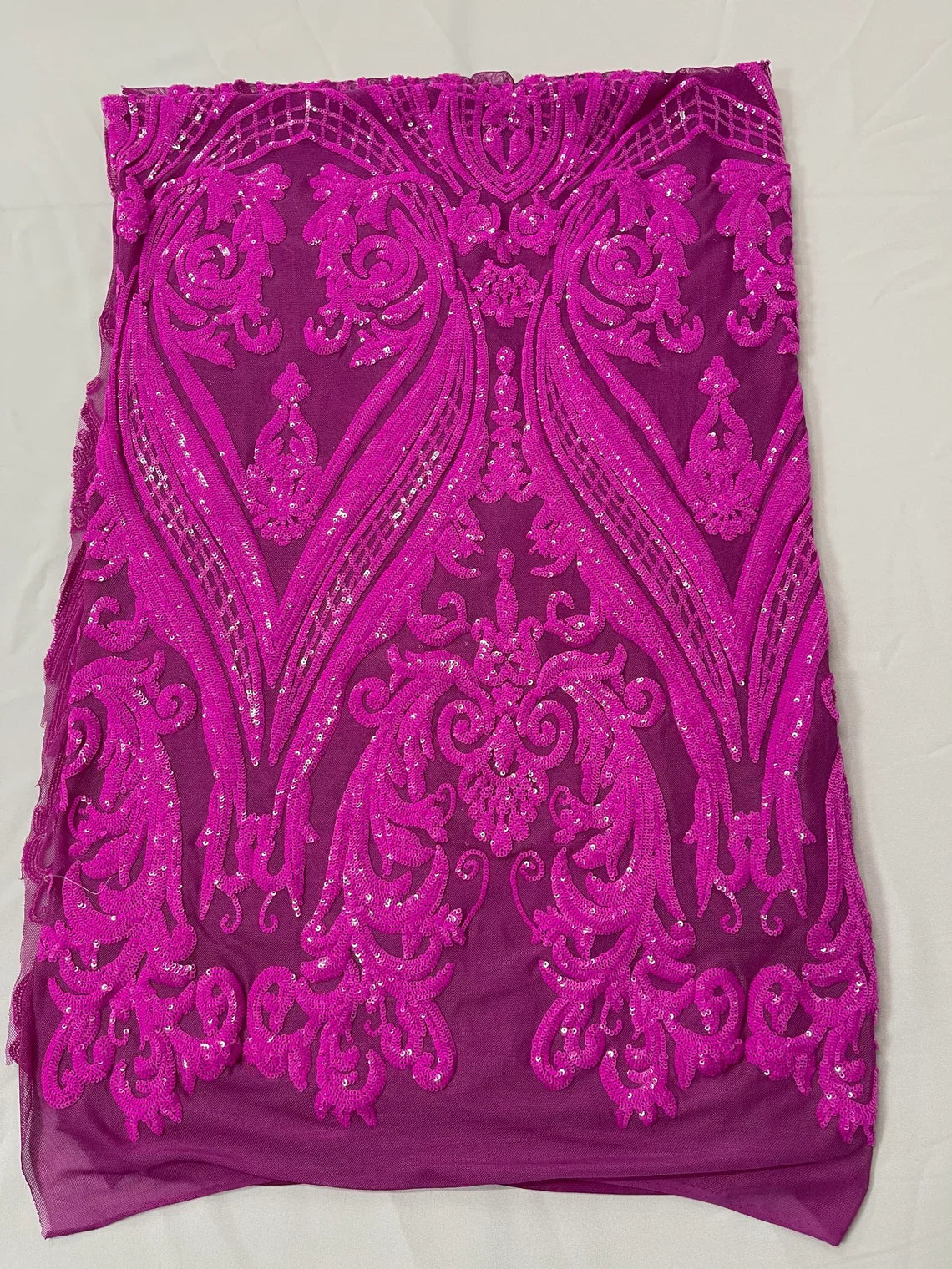 Big Damask Sequins Fabric - Magenta - 4 Way Stretch Damask Sequins Design Fabric By Yard