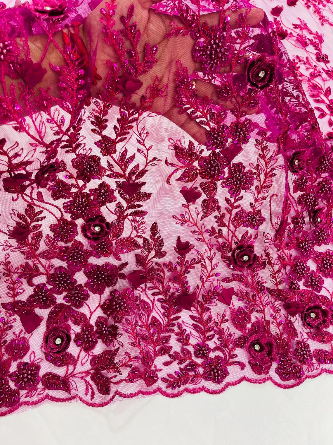 3D Flower Rhinestone Design - Magenta - Embroidered Flower Sequins Lace Fabric By Yard
