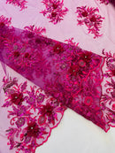 3D Floral Rhinestone Fabric - Magenta - Beaded Flower Clusters with Rhinestones and Sequins By Yard