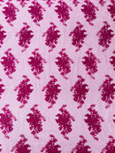 Floral Damask Lace Fabric - Magenta - Embroidered Damask Flowers on Lace Fabric By Yard