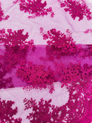 Floral Damask Lace Fabric - Magenta - Embroidered Damask Flowers on Lace Fabric By Yard