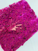 3D Flower Rhinestone Design - Magenta - Embroidered Flower Sequins Lace Fabric By Yard