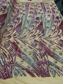 Multi-Color Sequins Design - Magenta Iridescent - 4 Way Stretch Sequins Fabric By The Yard