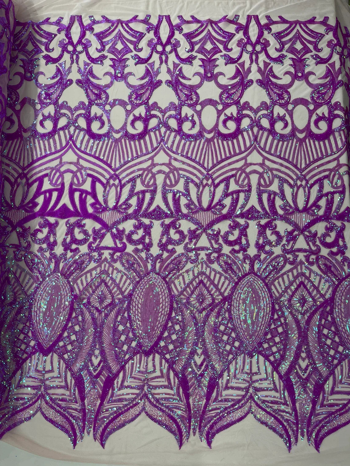 Magenta Iridescent - 4 Way Stretch Embroidered Royalty Sequins Design Fabric By Yard